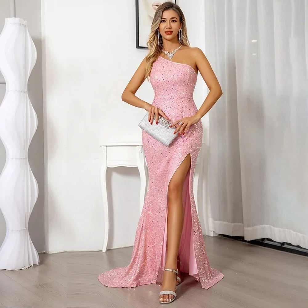 Elegantes, pinkes Pailletten-One-Shoulder Meerjungfrauenkleid für formelle Anlässe wie Abschlussball & Abendgarderobe