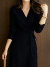 Elegantes Strick-Sweatshirt-Kleid mit V-Ausschnitt, Wickelstil, locker sitzendes langes Kleid für Herbst Winter