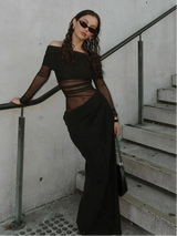 Sexy Mesh Ruched Maxi Dress – See Through Off Shoulder Long Sleeve Sheath