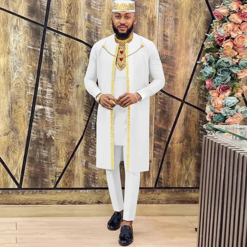 Herren 4-teiliges Agbada-Set – Besticktes Gewand, Hemd, Hose und Mütze, traditioneller Dashiki Hochzeitsanzug