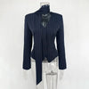 Women’s 2-Piece Elegant Blazer Set – Striped Ribbon V-Neck Jacket with Matching Scarf