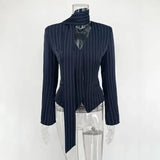 Women’s 2-Piece Elegant Blazer Set – Striped Ribbon V-Neck Jacket with Matching Scarf