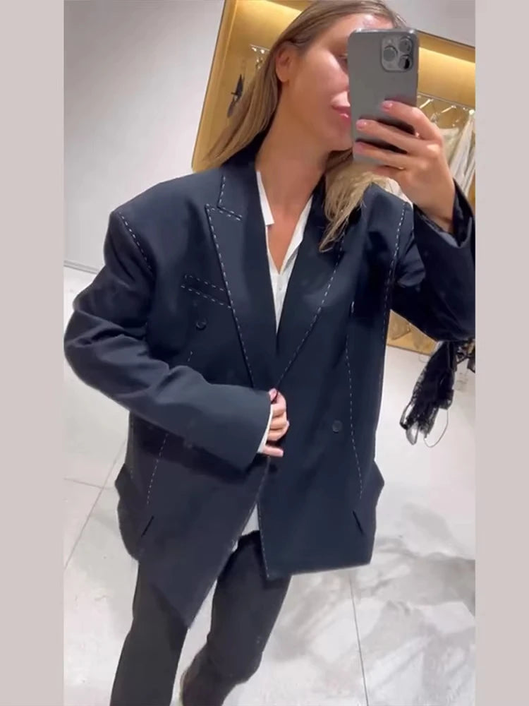 Women’s Casual Black Blazer – Loose Fit Double-Breasted Jacket