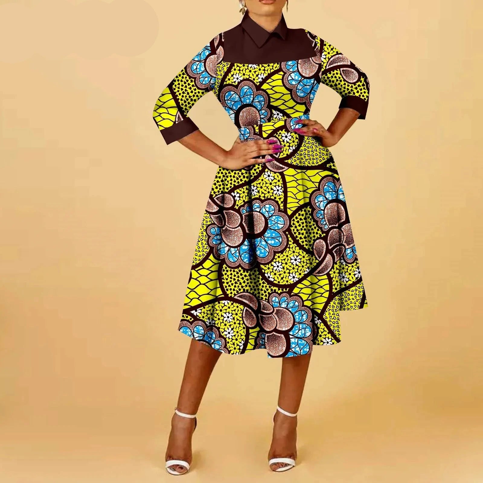 African Elegant Ankara Print Half Sleeve Dashiki Casual Women’s A-Line Midi Dress
