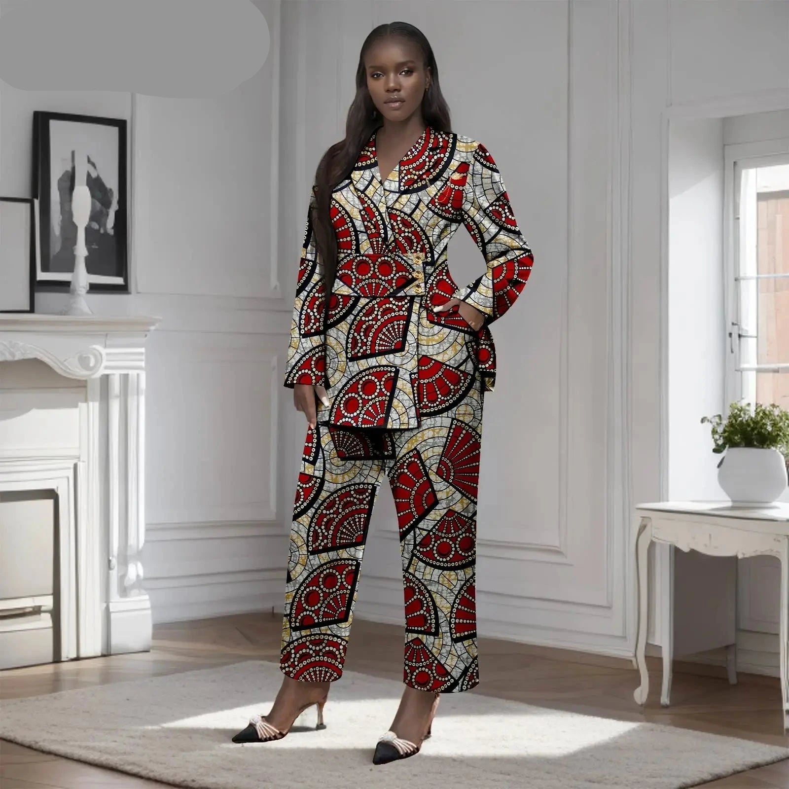 Afrikanisches zweiteiliges Set für Damen mit goldenem Knopf, Broschen-Blazer und Knöchelhose