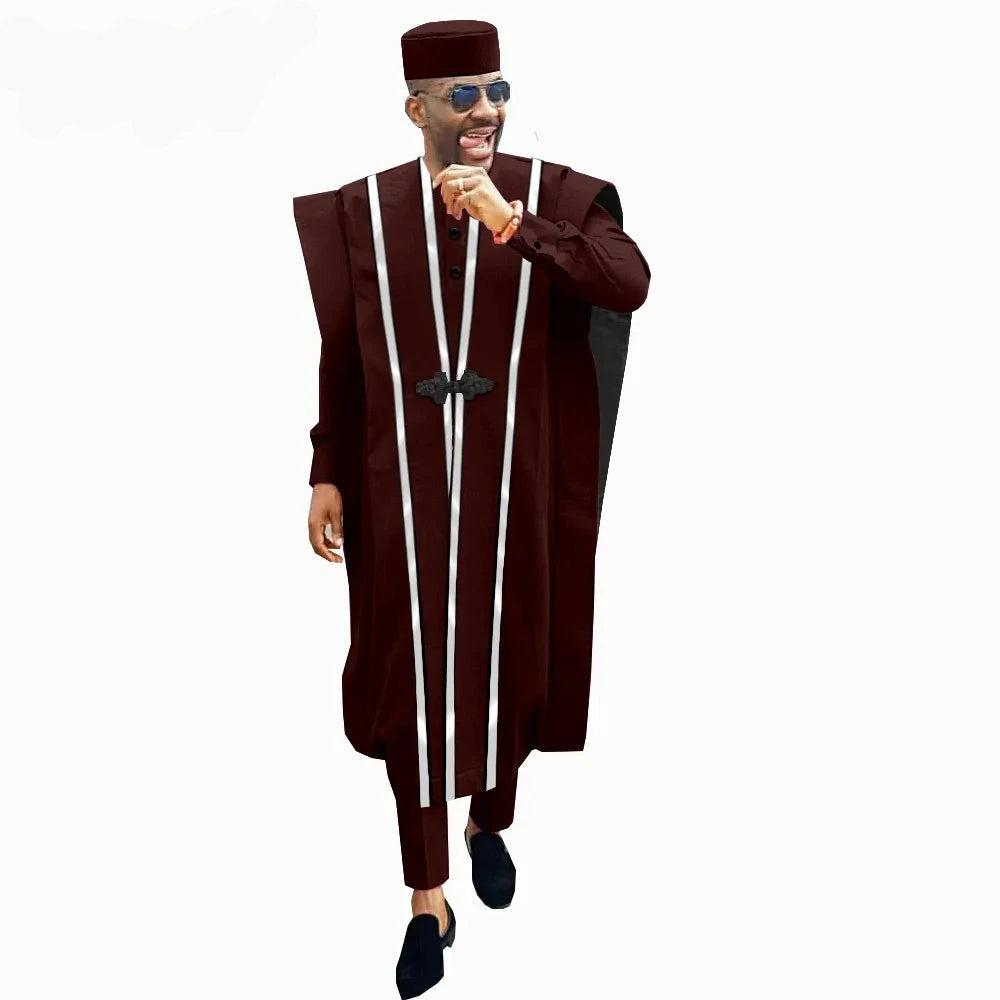 Men’s 4-Piece African Agbada Set | Grand Robe, Dashiki Shirt, Ankara Pants & Tribal Hat