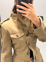 Women’s Khaki Elegant Stand Collar Trench Coat – Y2K Long Sleeve Waist-Defined Jacket