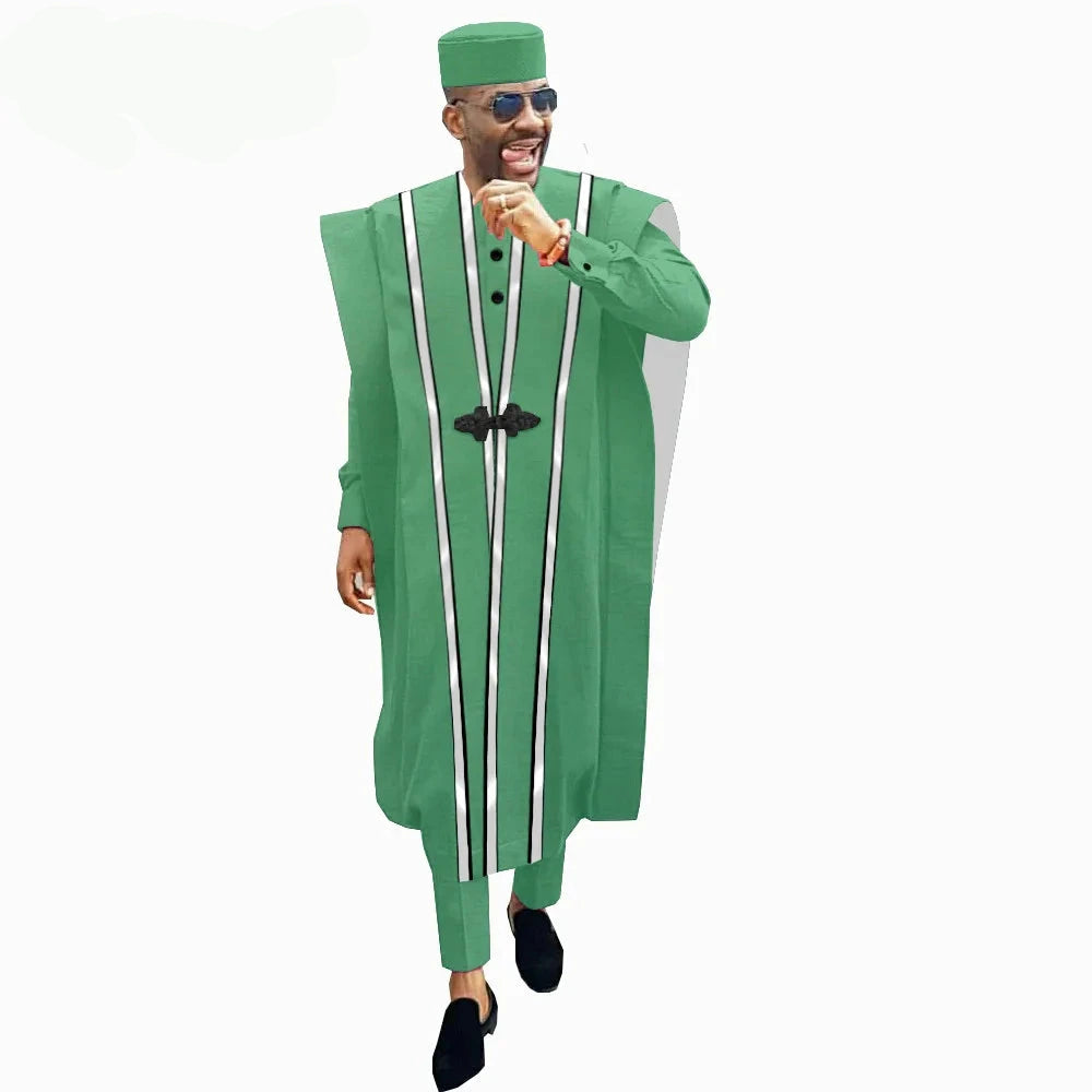 Men’s 4-Piece African Agbada Set | Grand Robe, Dashiki Shirt, Ankara Pants & Tribal Hat