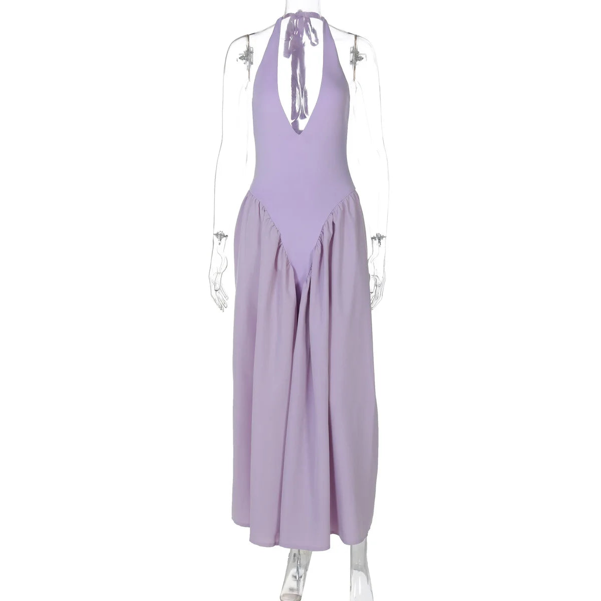 Women’s Sexy Backless Deep V-Neck Maxi Dress – Spliced Halter Sleeveless Dress