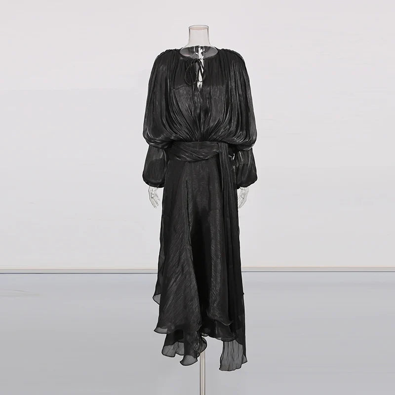 Women’s Elegant Spliced Fold Dress – Solid Loose Patchwork Midi, Round Neck Long Sleeve Lace-Up Dress