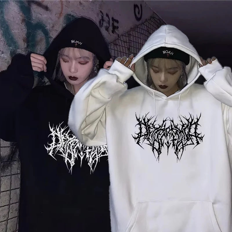 Vintage Y2K Gothic Print Hoodie für Damen | Locker geschnittenes Streetwear Langarm Sweatshirt