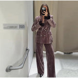 Women’s Chic Velvet Feather Patchwork Suit – Elegant Lapel Blazer & Wide Leg Pants 2-Piece Set