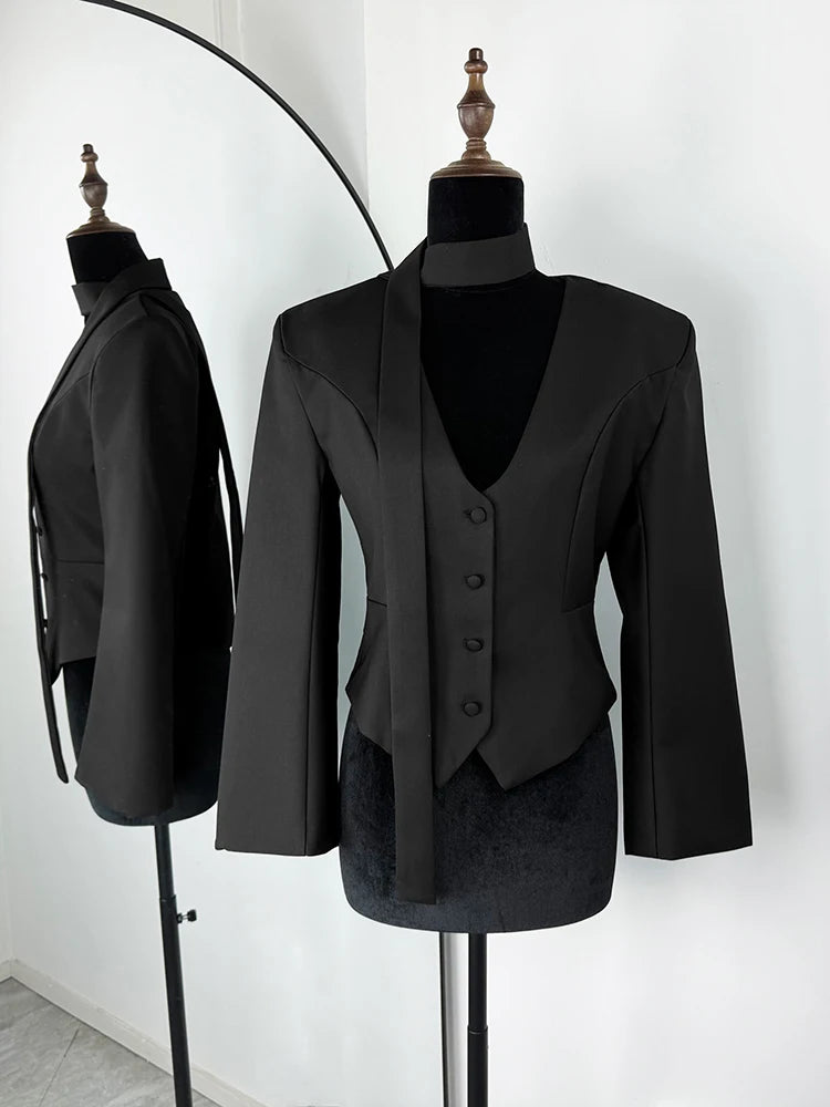 Women's Scarf-Neck Blazer Coat – Single-Breasted Waist-Cinching Jacket