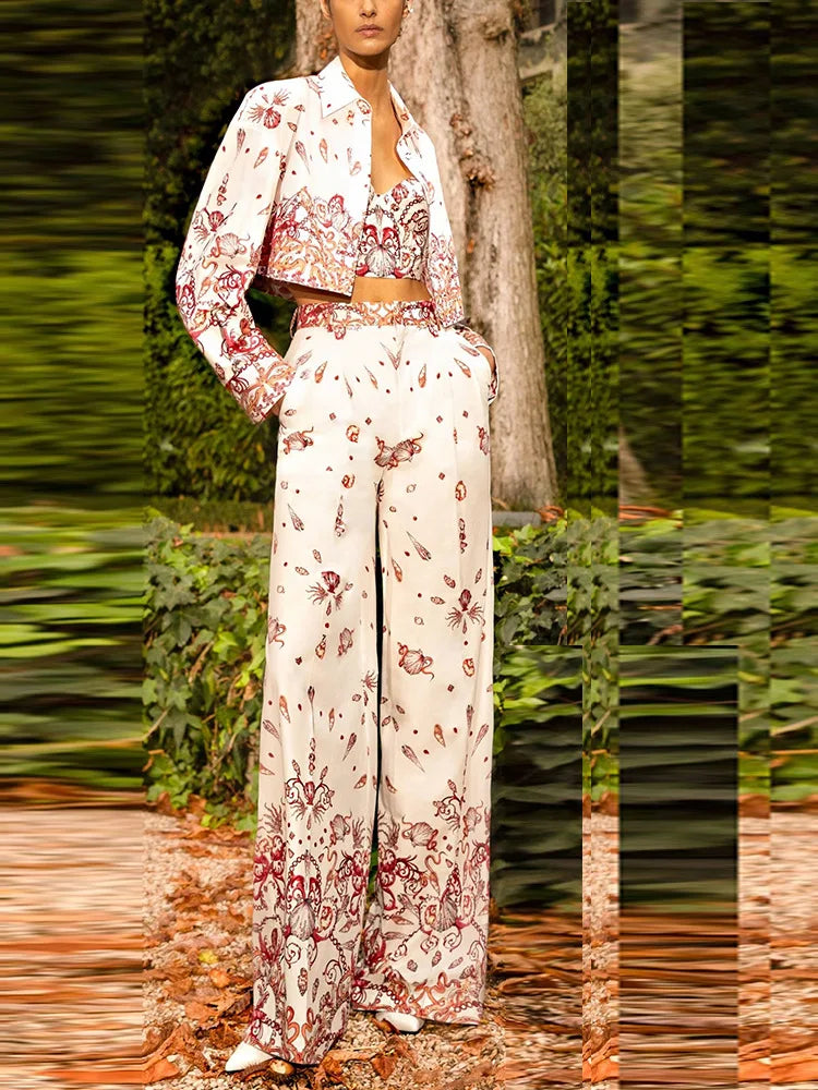 Designer Sea World Print 3-Piece Suit - Women’s Cropped Jacket, Camisole & Pants Set