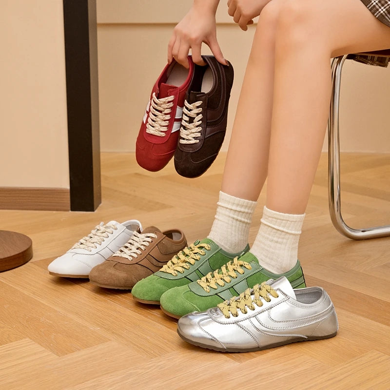 Damen Turnschuhe aus echtem Leder – Retro-Flach-Sneaker, Schnürschuhe im „Forrest Gump“-Stil
