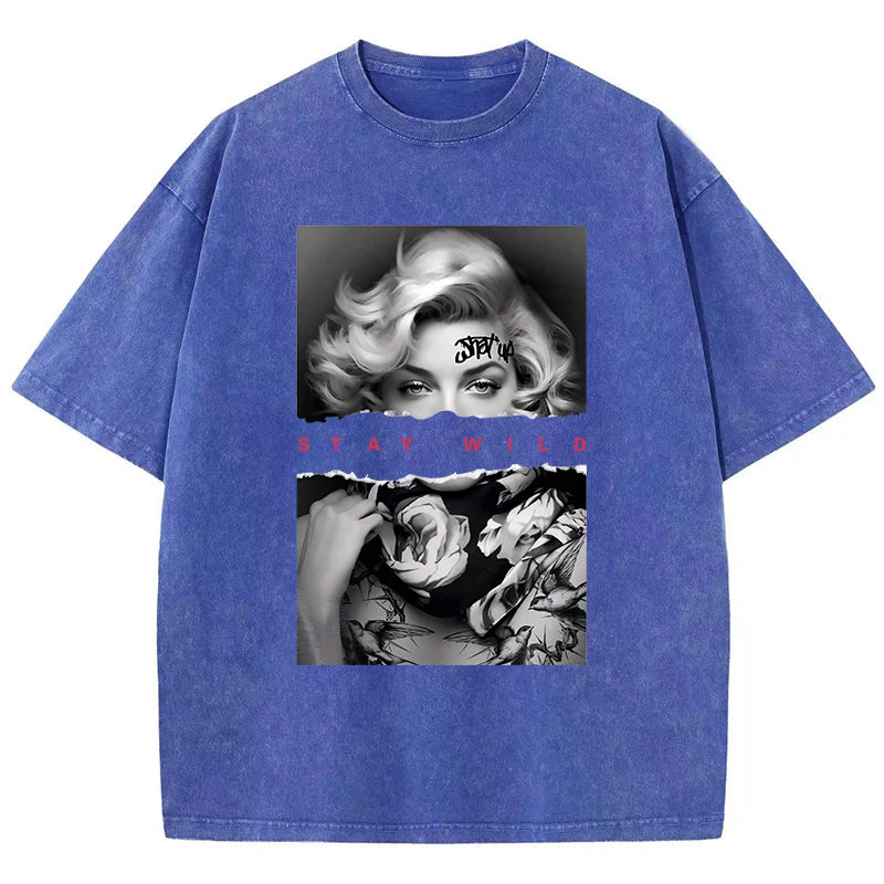 T-Shirt mit Porträt im europäischen Stil – Vintage-Baumwoll-T-Shirt für Damen mit Waschung