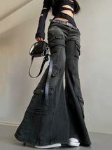 Acubi Fashion Black Flare Jeans for Women | Retro Whiskers Low-Rise Cargo Pants