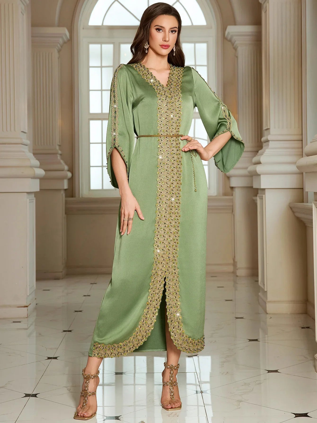 The "Emerald Lace" Gown – Signature Diamond & Beading Long Robe – Luxury Morocco Party Kaftan