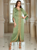 The "Emerald Lace" Gown – Signature Diamond & Beading Long Robe – Luxury Morocco Party Kaftan