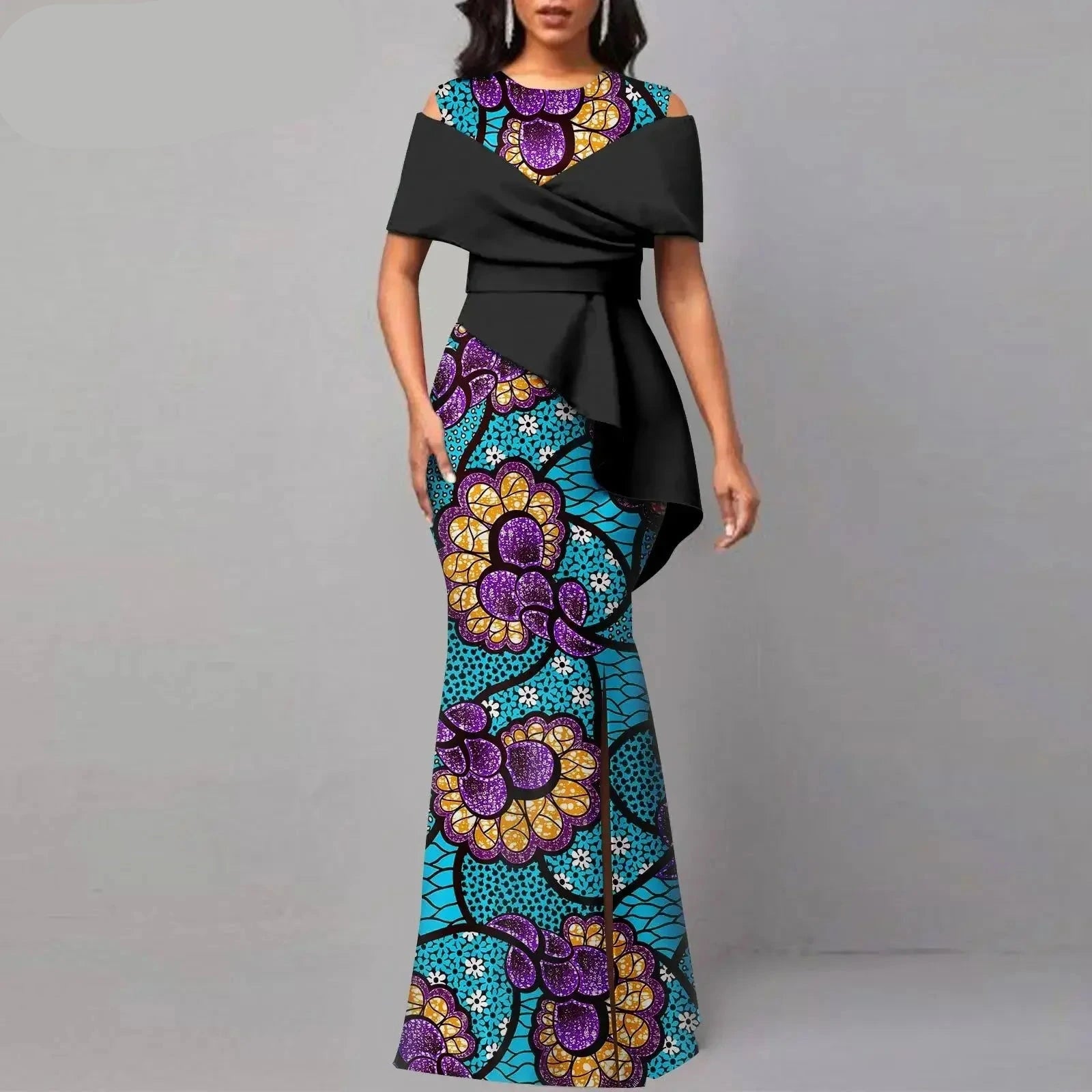 Afrikanisches hochtailliertes Ankara-Partykleid schulterfreies Maxikleid für Damen