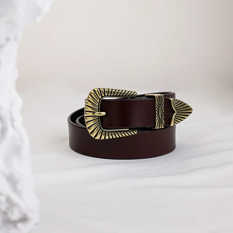 Western Women's Genuine Leather Belt – Classic Metal Pin Buckle Waistband