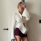 Damen Vintage Herbst Strick-Cardigan mit Aushöhlung – Eleganter weißer Langarm-Pullover