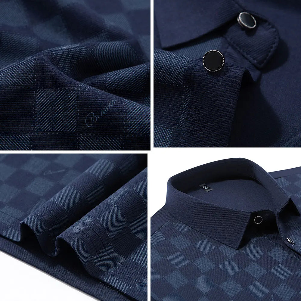Men's Long Sleeve Polo Shirt – Business Casual Slim Fit Plaid Tee