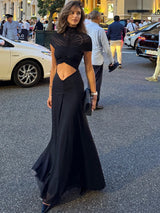 Women’s Sexy Hollow-Out Turtleneck Maxi Dress Short Sleeve Elegant Party & Evening Gown