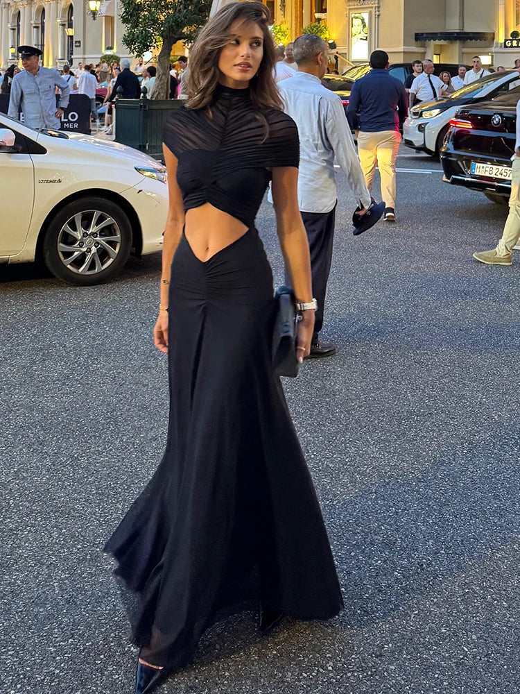 Women’s Sexy Hollow-Out Turtleneck Maxi Dress Short Sleeve Elegant Party & Evening Gown