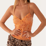 Women’s Y2K Sequin Halter Crop Top – Pearl Embellished Glitter Cami