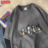 Cute Cats Holding Fish Cotton T-Shirt | Women's Funny Cartoon Graphic Tee