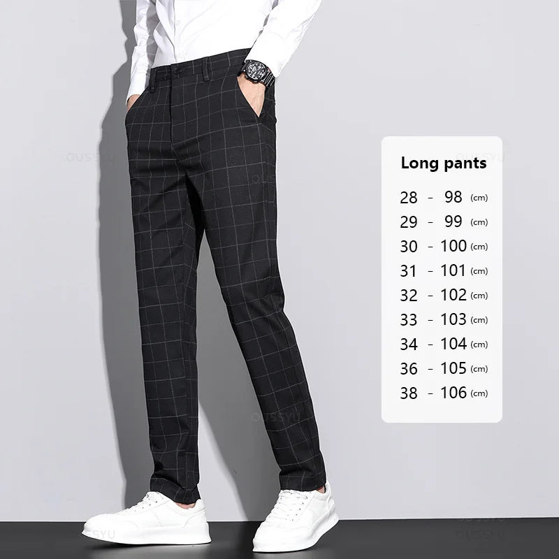 Men’s High-Quality Plaid & Stripe Trousers – Business Formal Suit Pants, Ankle & Full Length Straight Slacks