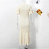Women’s Chic Patchwork Knitted Maxi Dress – Elegant Short Sleeve Hollow Out Ribbed Long Dress