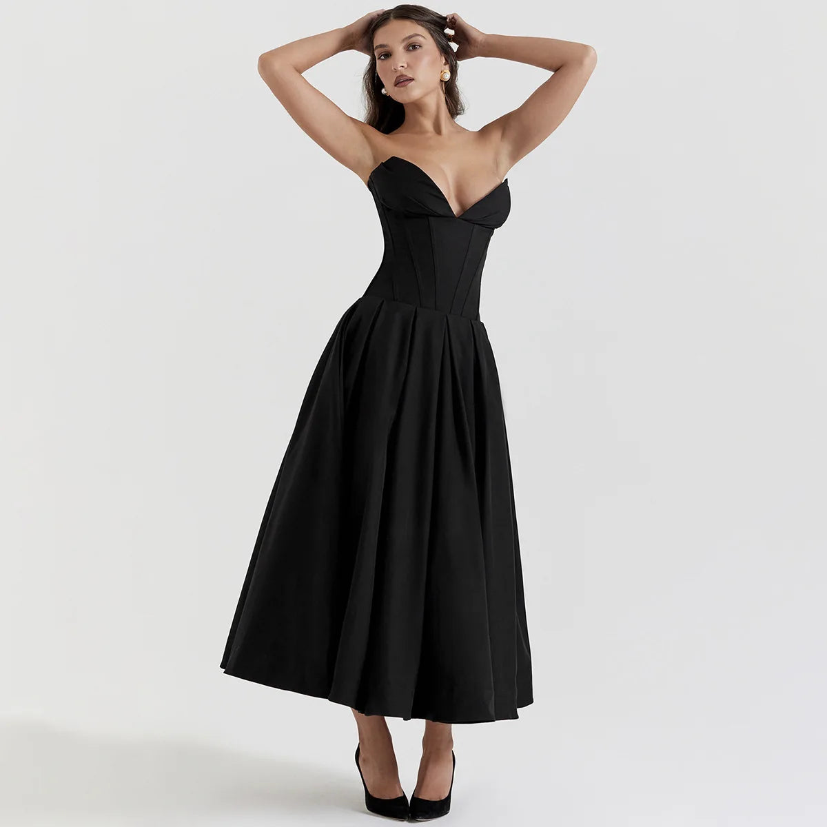Black Elegant Wedding Event Dress – Sexy Strapless Corset Midi