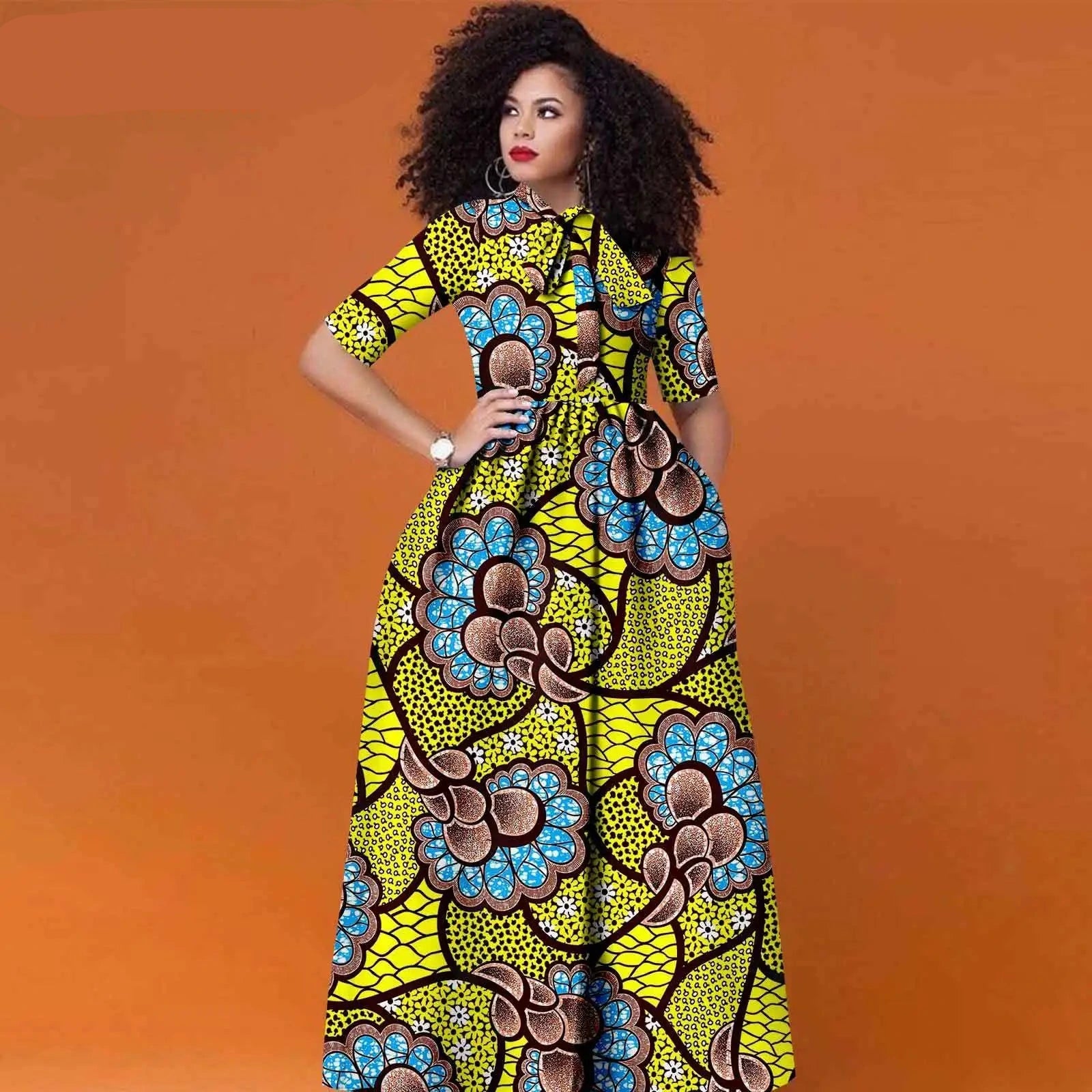 Afrikanisches Ankara Maxikleid für Damen | Halbarm High Waist Kleid mit traditionellem Print