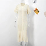 Women’s Chic Patchwork Knitted Maxi Dress – Elegant Short Sleeve Hollow Out Ribbed Long Dress