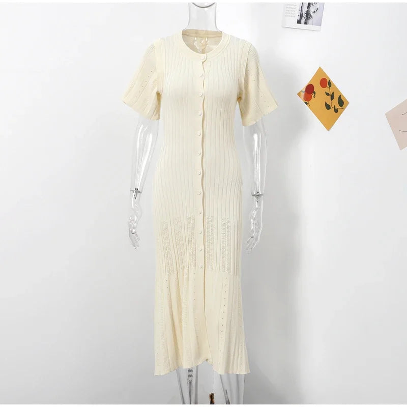 Women’s Chic Patchwork Knitted Maxi Dress – Elegant Short Sleeve Hollow Out Ribbed Long Dress