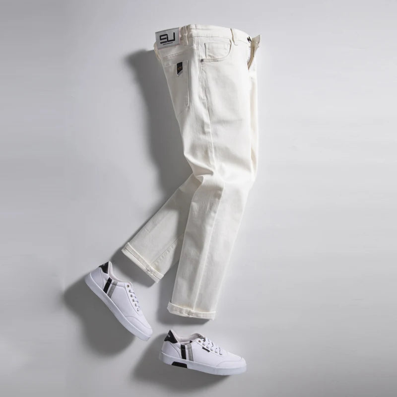 Herren Klassische Weiße Straight Jeans | Modische Lässige Soft Stretch Denim