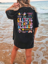 Damen Baumwoll-T-Shirt "Grateful Thankful Blessed" – Grafik-T-Shirt mit positiver Botschaft