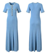 Elegant Knit Contrasting Maxi Dress O-Neck Short Sleeve Metal Button Office Lady Robe