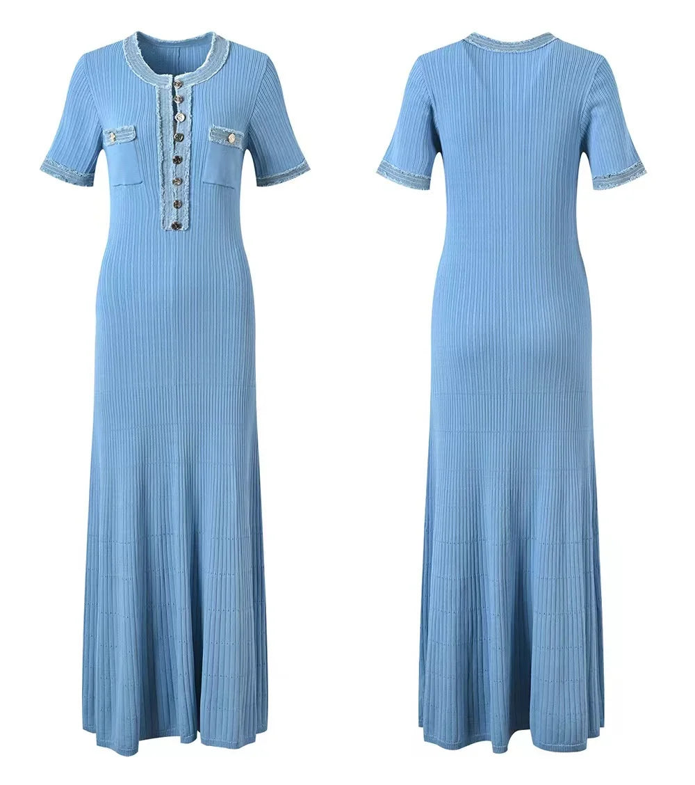 Elegant Knit Contrasting Maxi Dress O-Neck Short Sleeve Metal Button Office Lady Robe
