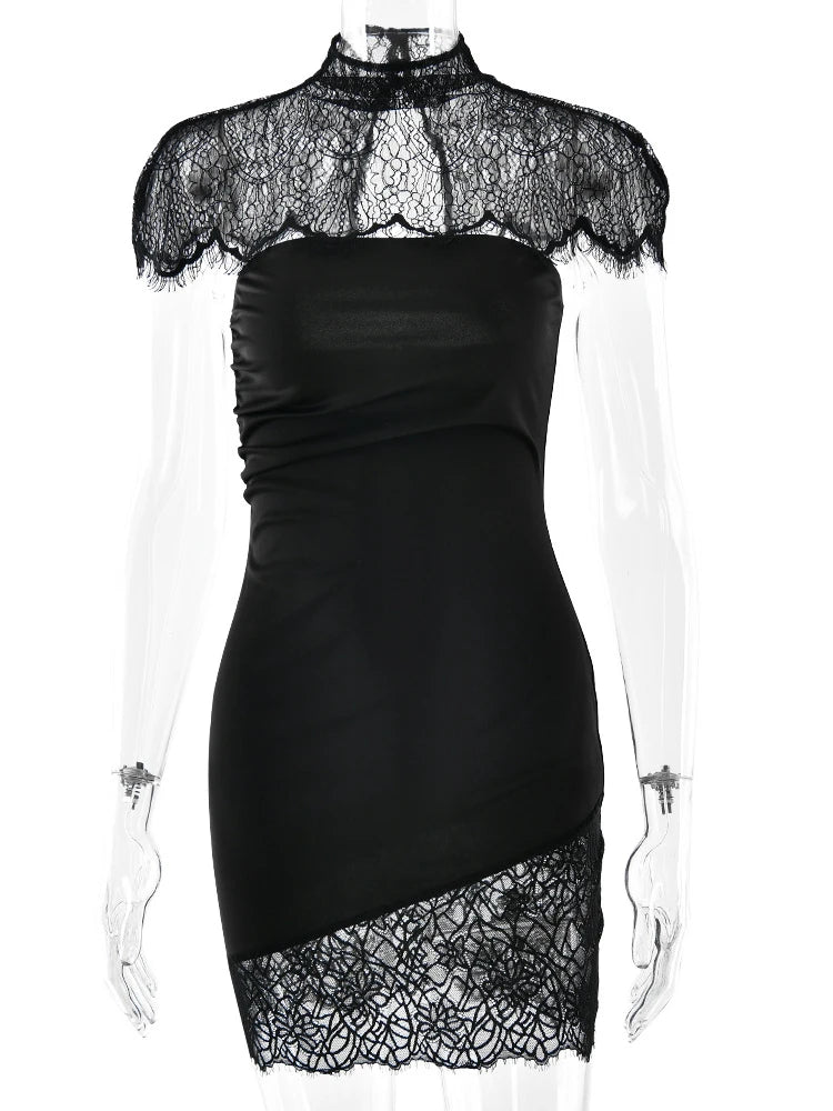 Women’s Sexy Strapless Sheer Lace Two-Piece Set – Turtleneck Hollow-Out Patchwork Dress