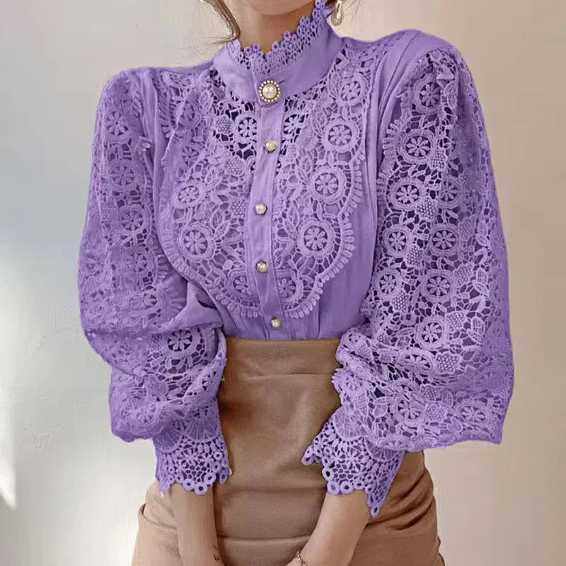 Women’s High Neck Long Sleeve Lace Blouse | Elegant Hollow Paneled Sleeve Top