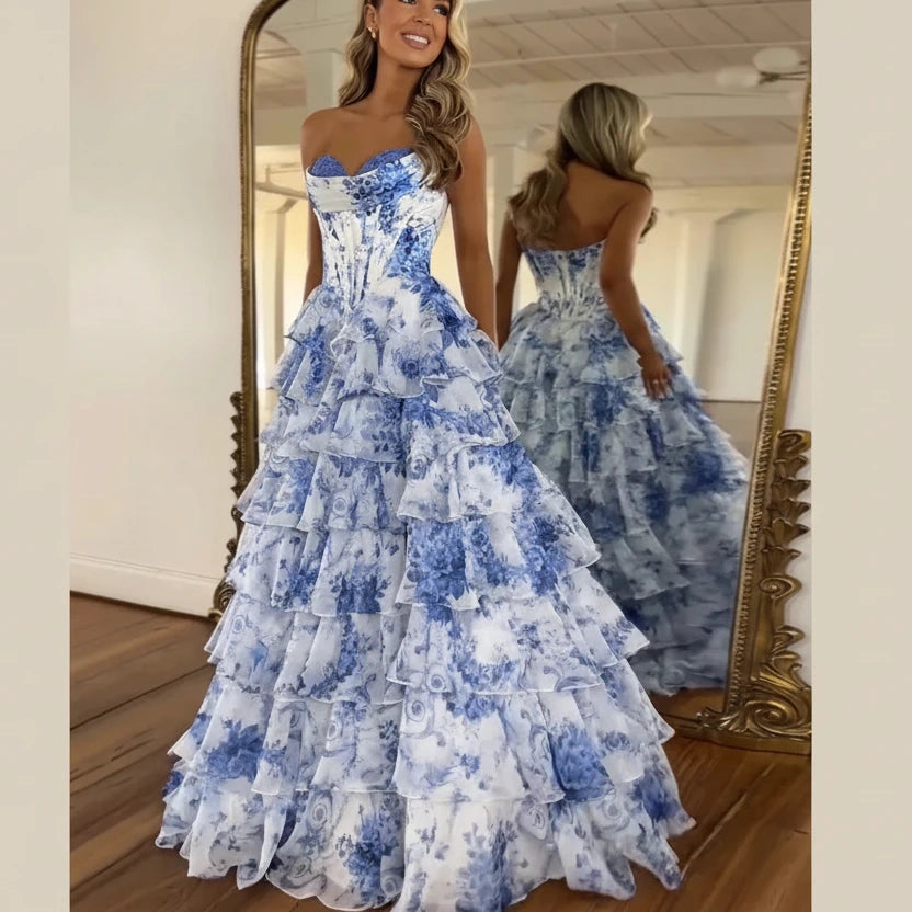 Elegant A-Line Floral Prom Dress | Floor-Length Pleated Evening Gown