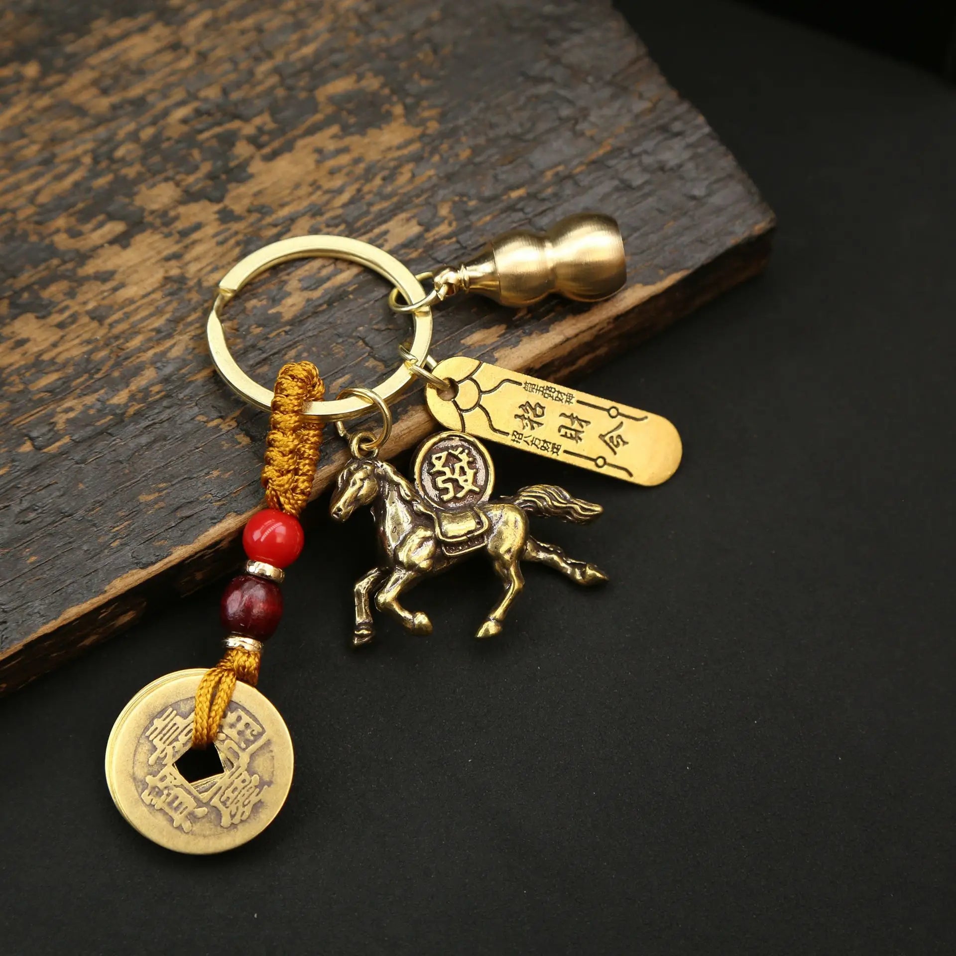 Vintage Horse Good Luck Keychain with Red Silk Knot | Wealth & Prosperity Pendant for Bags