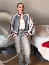 The Heritage Zip: Gray Striped Stand-Collar Knit Jacket – Modern Preppy Loose-Fit Sweater Coat