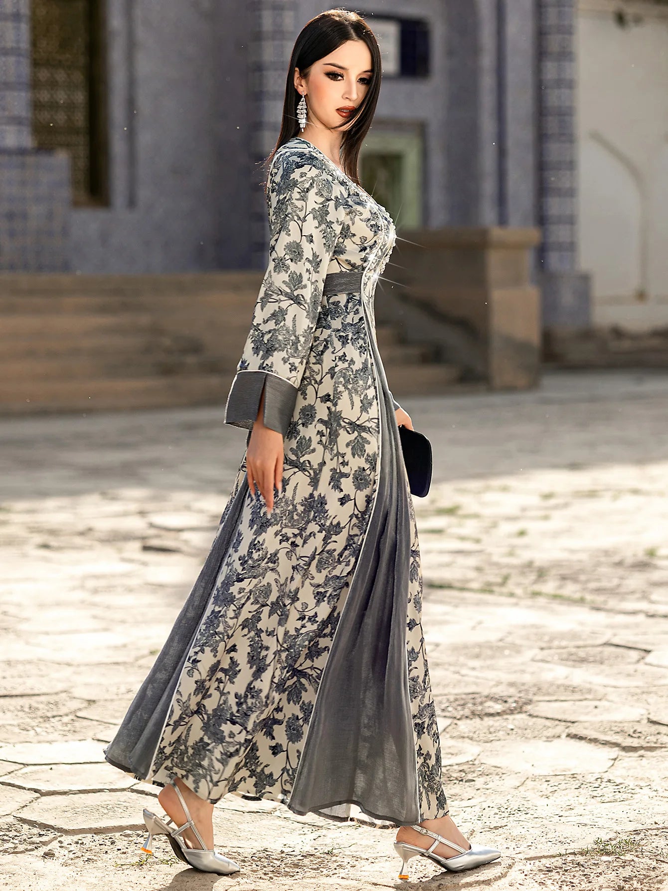 Satin-Abaya mit V-Ausschnitt für Damen | Eleganter muslimischer Party-Kaftan und Dubai-Satin-Robe