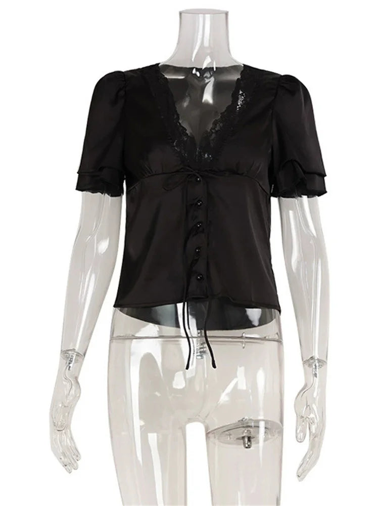 Spitzen-Sommer-V-Ausschnitt-T-Shirt – Damen-Schnür-Hollow-Out-Cropped-Top