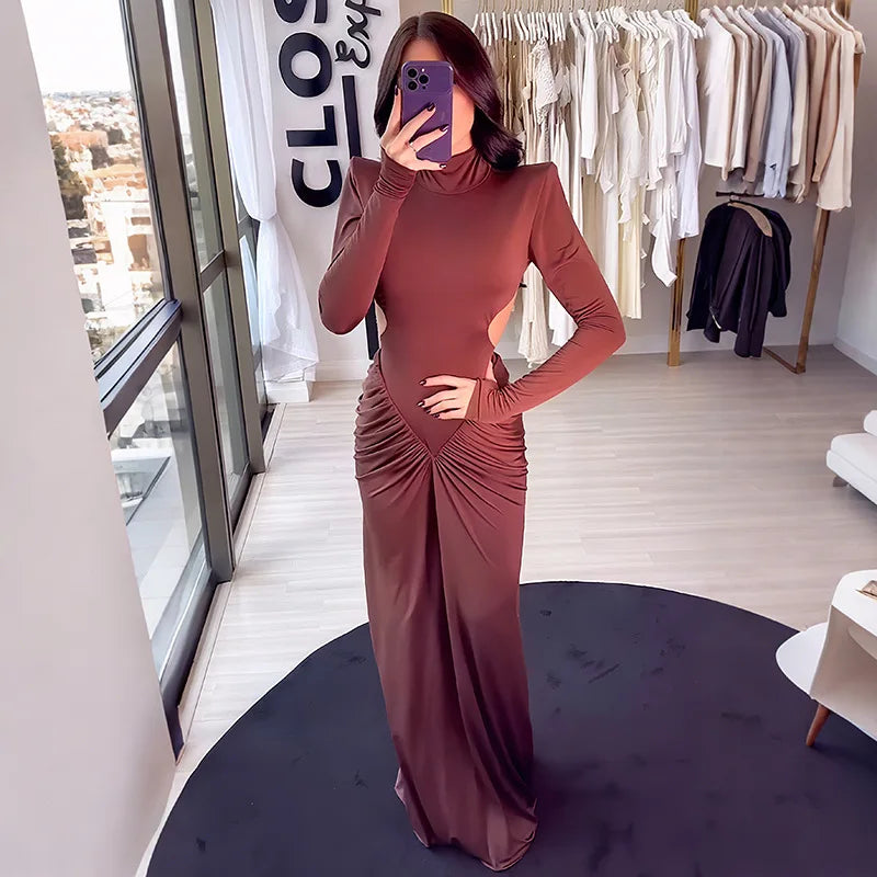 Sexy rückenfreies Rollkragen-Maxikleid – Damen Abendkleid Langarm Party