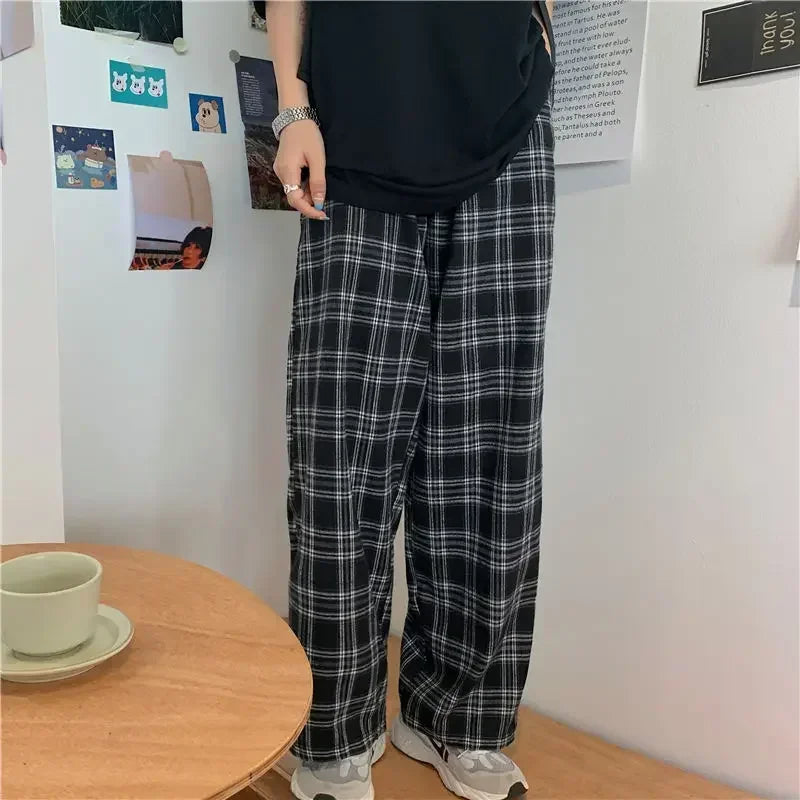 Unisex Schwarze Karierte Hose – Harajuku Hip-Hop Gerade Hose für Herren & Damen